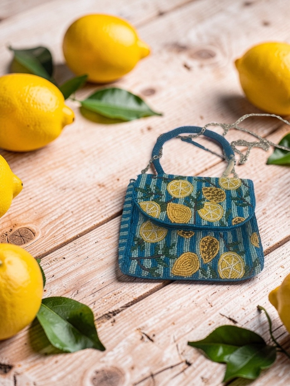 Hand-Beaded Blue & Yellow Lemon Mini Crossbody Bag